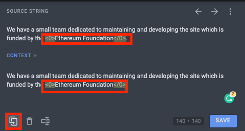 Crowdin interface with copy source button highlighted