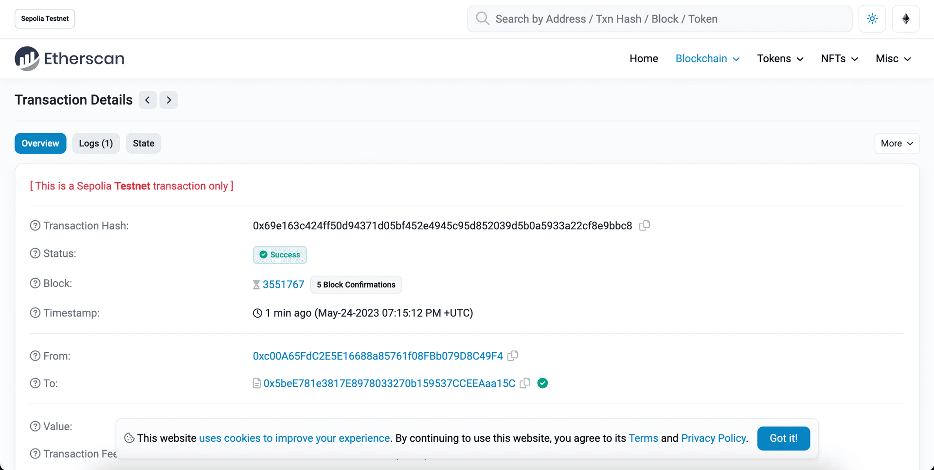 View your NFT transaction hash on Etherscan